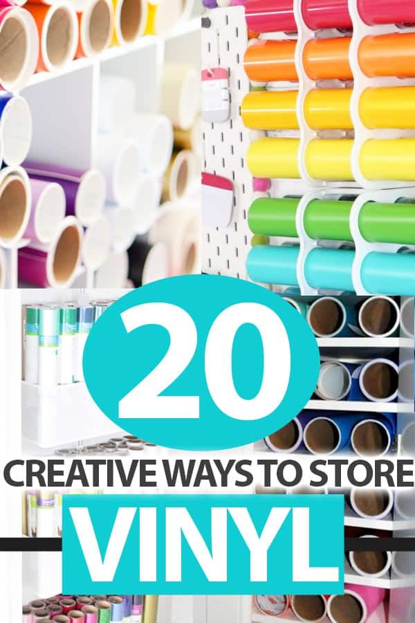 the words, 20 creative ways to store vinyl in front of an assortment of craft supplies