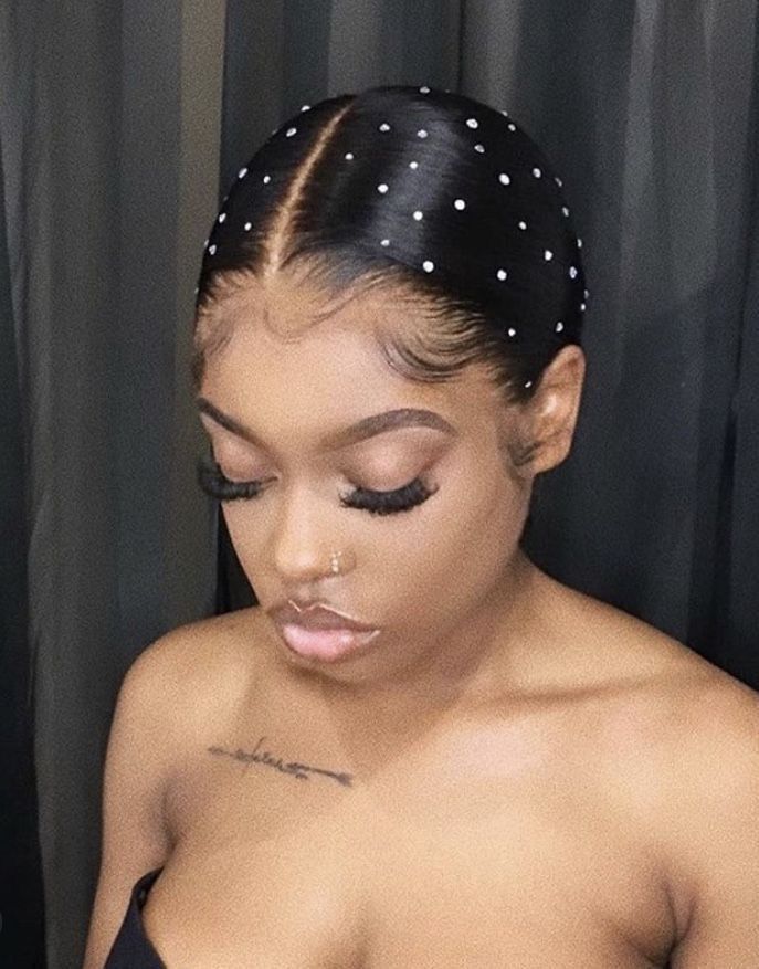 Barbie Ponytail With Diamonds, Prom Hairstyles With Pearls Slick Back, Ponytail With Pearls Black Women, Gems In Hair Black Women, Hair Gems Ponytail, Slick Back Ponytail With Gems, Hair Gems Black Women, Slick Back With Rhinestones, Bedazzled Ponytail