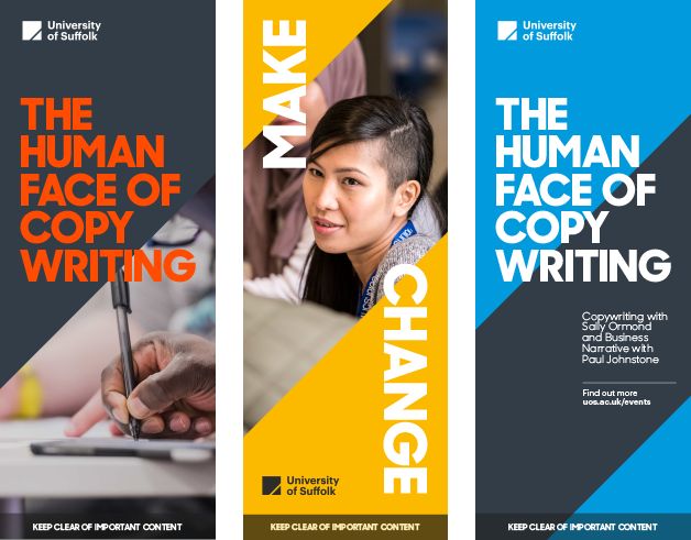 two vertical banners for the human face of copywriters with an image of a woman writing