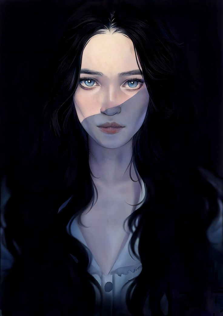 a woman with long black hair and blue eyes is shown in front of a dark background