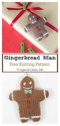 the gingerbread man ornament is knitted in brown and green with red ribbon