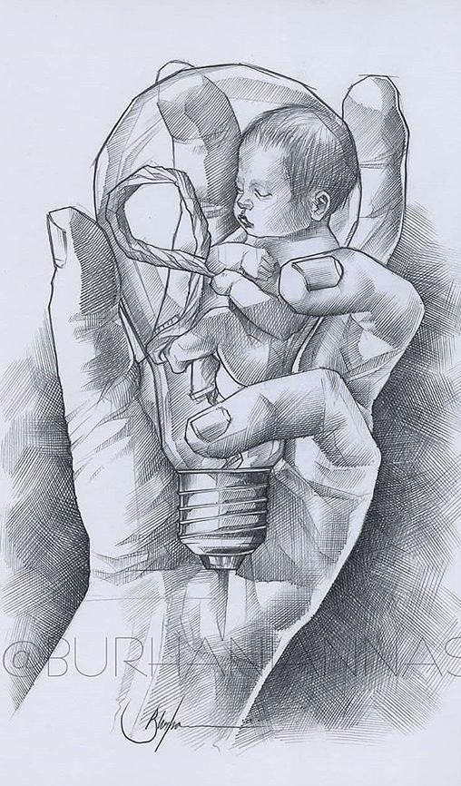 a drawing of a person holding a lightbulb in their hand with the image of a baby inside it