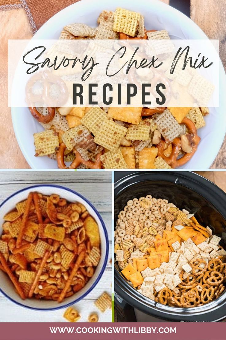 several different types of cheesy snack mix in various bowls and on top of each other