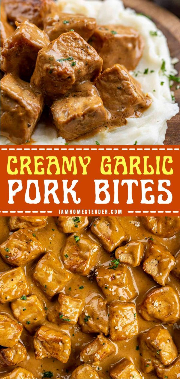 creamy garlic pork bites with gravy on top