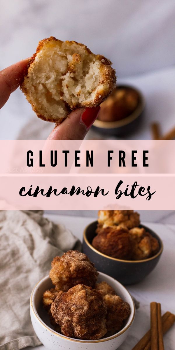 gluten free cinnamon bites in small bowls with cinnamon sticks around them and the text overlay reads gluten free cinnamon bites