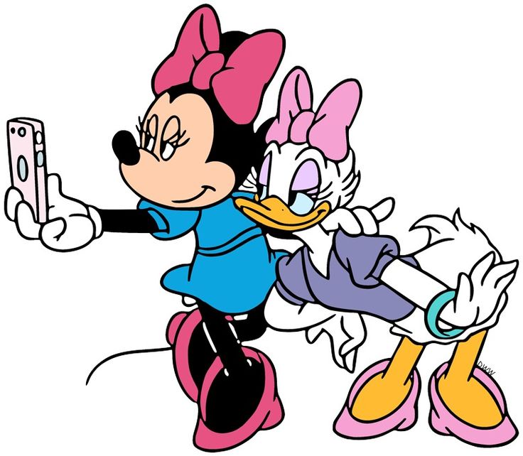 a cartoon mickey and minnie mouse holding up a cell phone to take a selfie