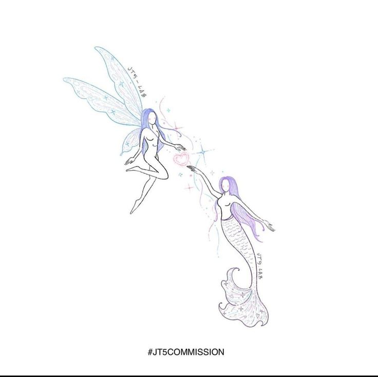 two fairy - like women are flying through the air with their wings spread out and one is