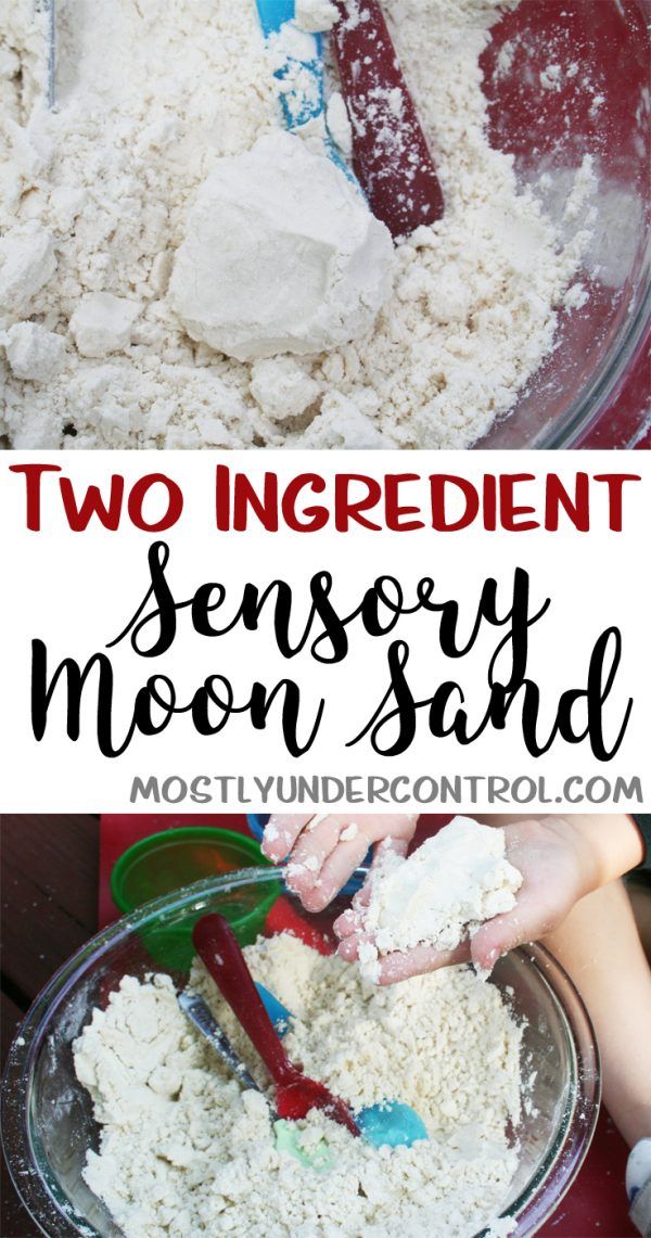 two images showing how to make homemade moon sand with the words, two ingredient sensory moon sand