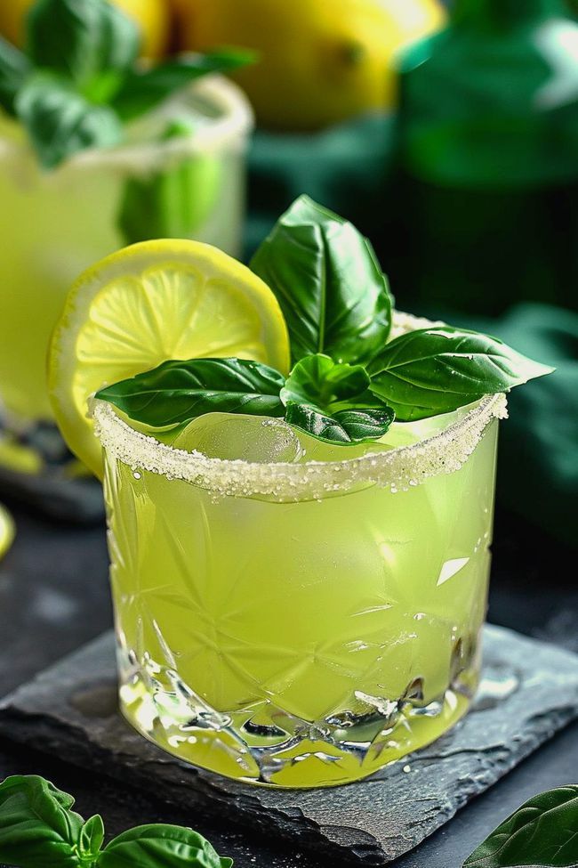 two glasses filled with lemonade and basil sitting on top of a slate board next to limes