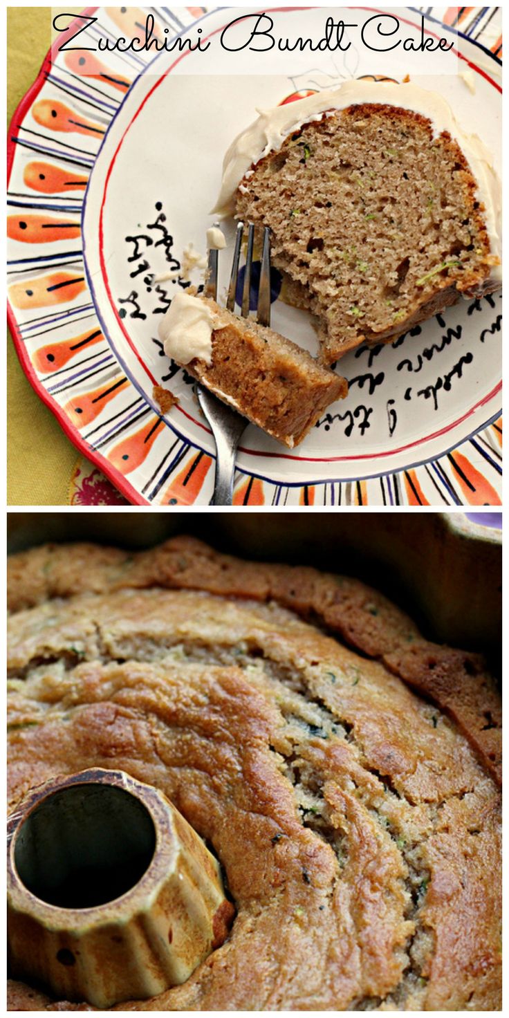 there is a cake on the plate with a fork next to it and another photo of a bundt cake