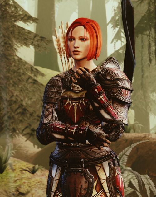 a woman with red hair holding a bow and arrow