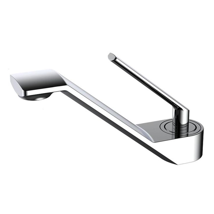 a chrome faucet with the handle extended to it's side spout