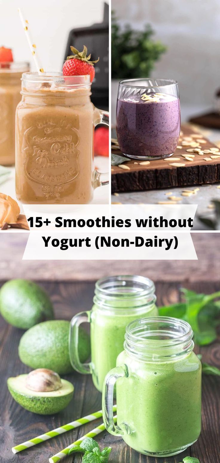 3 different smoothies in glasses ready to drink Non Milk Smoothies, Smoothies Without Dairy, Smoothies Without Milk Or Yogurt, Non Dairy Smoothie Recipes, Fruit Smoothie Recipes Non Dairy, Easy Fruit Smoothies With Yogurt, Smoothie Recipe Without Milk, Vegan Yogurt Smoothie, Non Dairy Smoothie