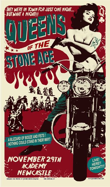 the poster for queens of the stone age, featuring an image of a woman on a motorcycle