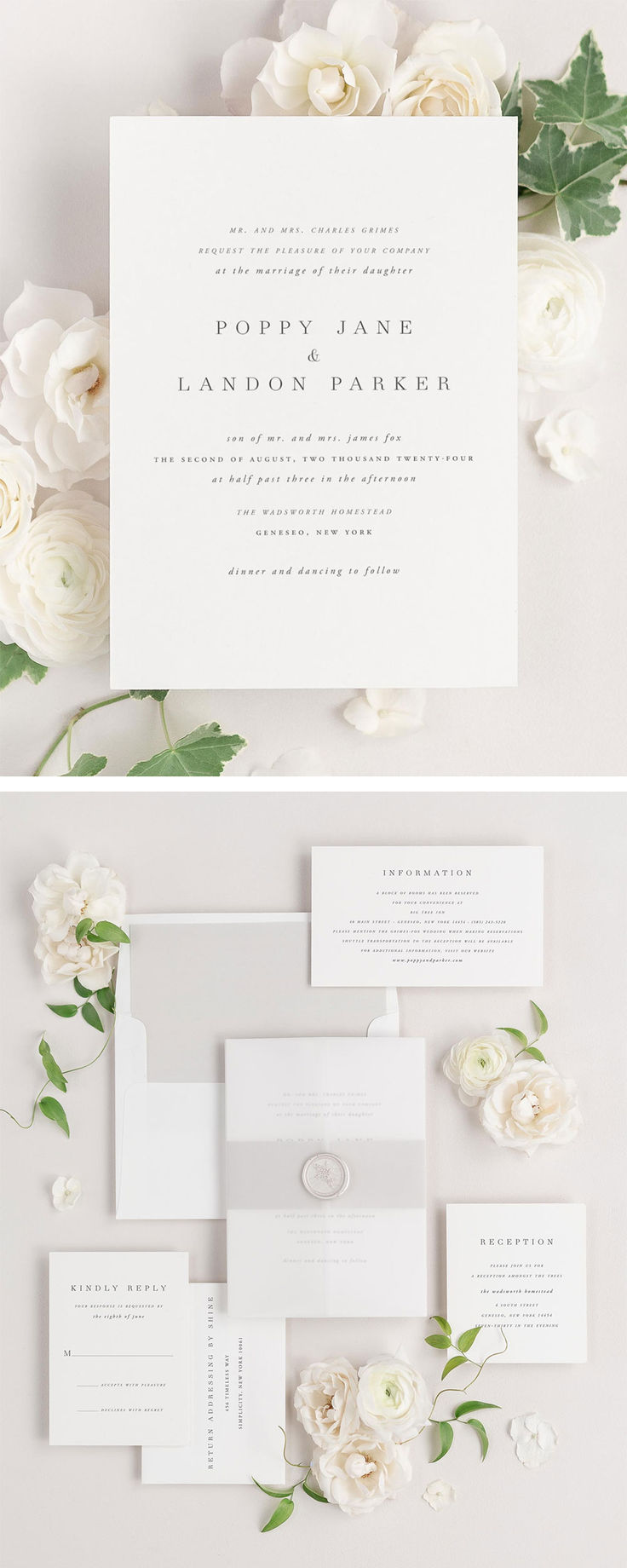 the wedding stationery is laid out on top of each other, with white flowers and greenery