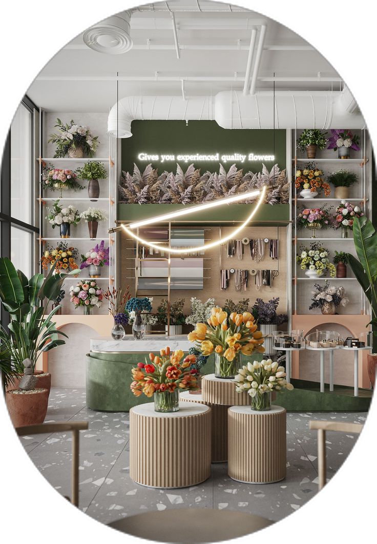 the interior of a flower shop with potted plants