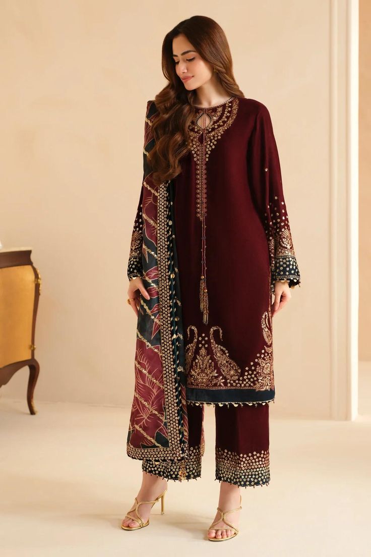 🌟 Designer Dress for Every Occasion 🌟 Brand: Jazmin Designer  Shirt: Embroidered pure velvet  Dupatta: Embroidered tissue silk  Trouser: embroidered velvet  💎 Premium Quality Pakistani Suit: Crafted from high-grade materials, this outfit guarantees durability and a luxurious feel, making it a timeless piece that withstands the test of time. ✨ Iconic Design: This dress is inspired by classic Pakistani fashion with details that never go out of style, offering elegance with a traditional touch. 🎉 Versatile Wear: Perfect for every festivity, whether it's a mehndi function, barat, walima, or even a casual dance party. This outfit adds charm to weddings, celebrations, and even your everyday elegant look. 🎁 Perfect Gift for Her: A thoughtful and stylish gift for the women in your life--be it Party Wear Pakistani Dresses, Pakistani Velvet Suits, Clothe Designs, Velvet Suit Design, Wedding Dress Material, Hijab Clothes, Velvet Dupatta, Dupatta Border, Sana Javed