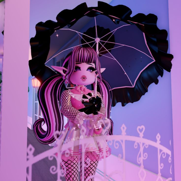 a doll is holding an umbrella in front of a purple and black background with hearts