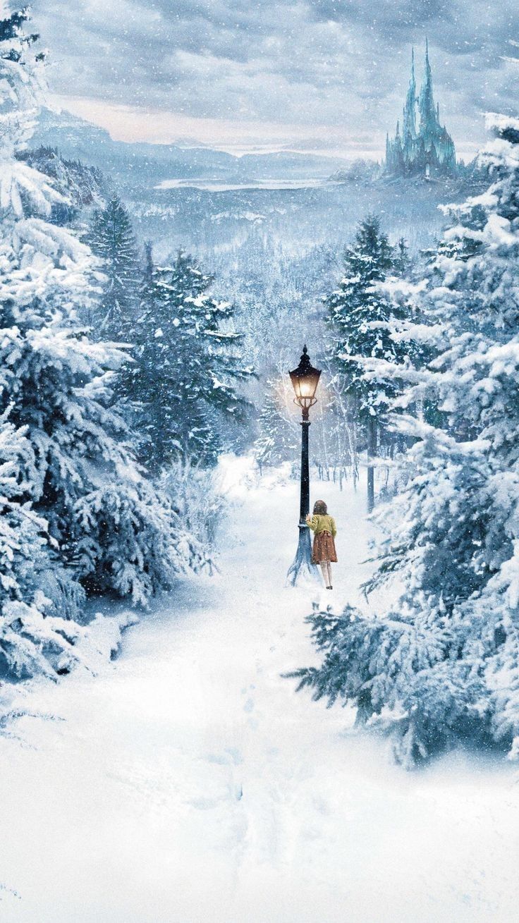 a person walking down a snow covered path with a street light in the middle of it