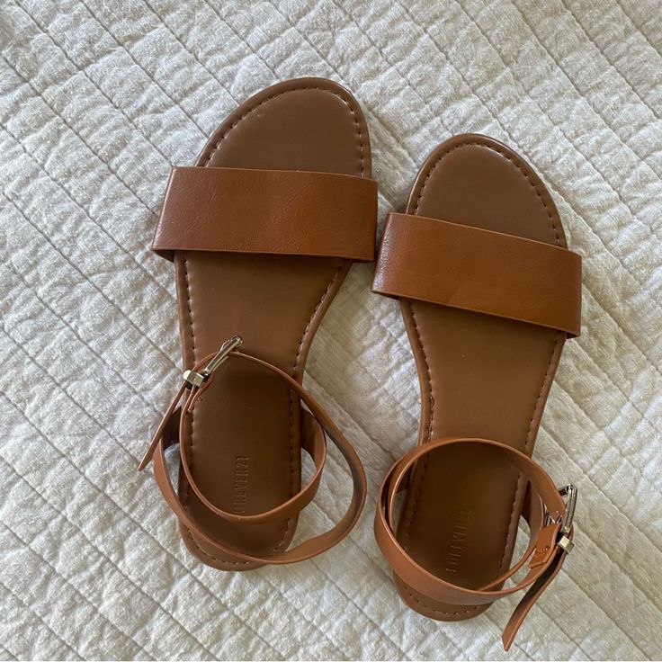 Brown Faux Leather 2 Strap Flat Sandal With Adjustable Ankle Metal Buckle New Without Tags & Never Worn! Forever 21 Shoes, White Sandals Heels, Glitter Sandals, Strappy Wedges, Brown Sandals, Open Toe Sandals, Brown Fashion, Strappy Sandals, Platform Sandals