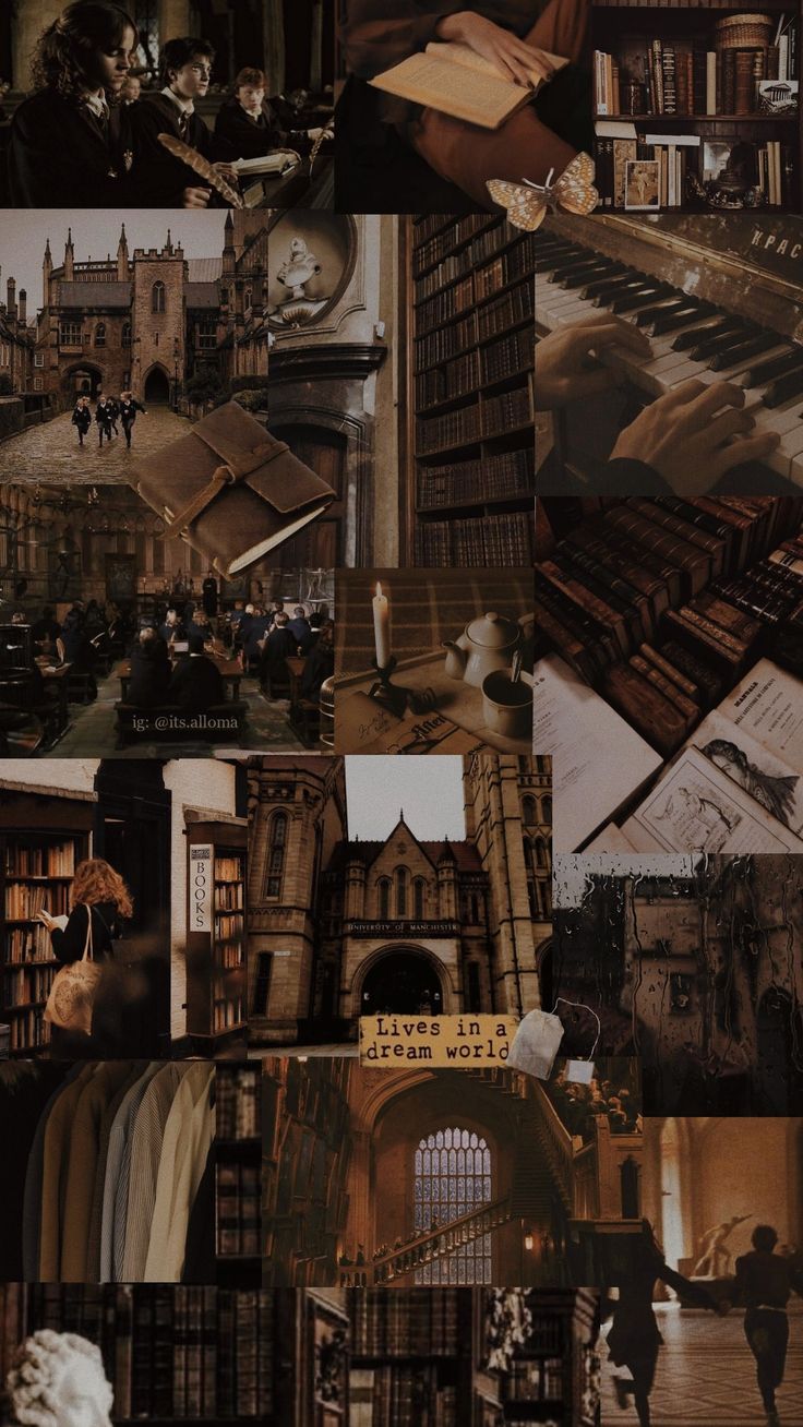 collage of books and people in an old library