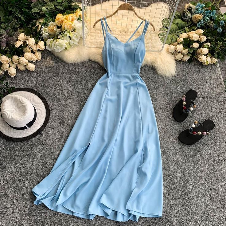 Brand Name: FitaylorSilhouette: A-LINEOrigin: CN(Origin)Season: SummerNeckline: V-NeckSleeve Style: Spaghetti StrapDecoration: NONEStyle: Beach StyleDresses Length: Ankle-LengthMaterial: PolyesterAge: Ages 18-35 Years OldModel Number: 19.6.5Y345Sleeve Length(cm): SleevelessWaistline: empirePattern Type: Solid Spaghetti Strap Dress Summer, Vestidos Dresses, Slim Long Dress, Mode Ulzzang, Chiffon Dress Short, Beach Holiday Dresses, Long Skirt Fashion, Short Dress Styles, Gaun Fashion