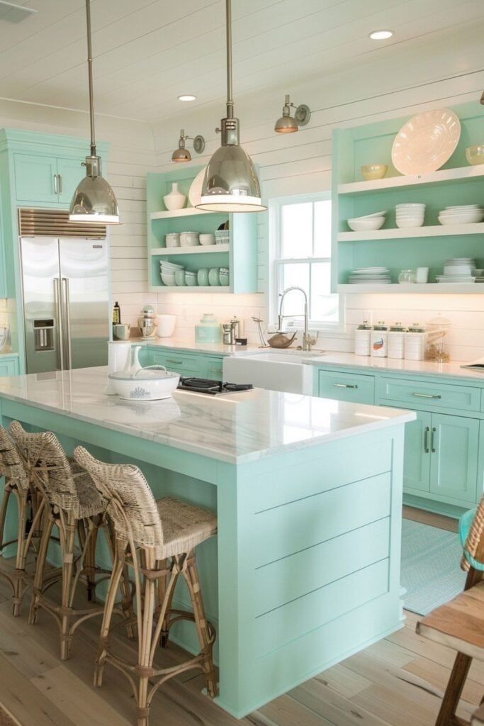 a large kitchen with blue cabinets and white counter tops, along with bar stools