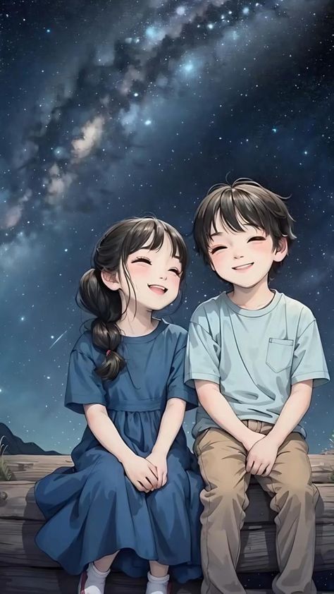 two children are sitting on a bench under the stars