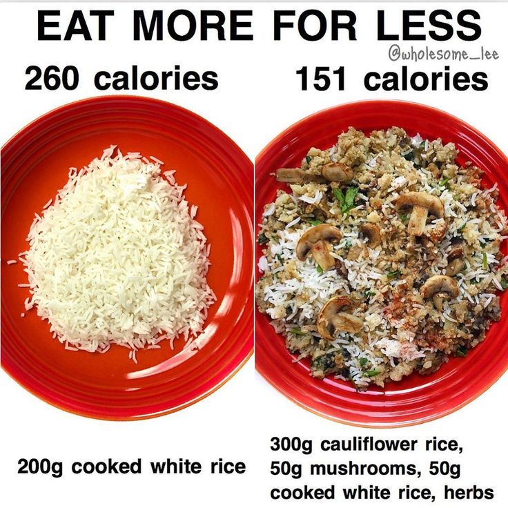 two red plates with rice and mushrooms on them, one has calories and the other has calories