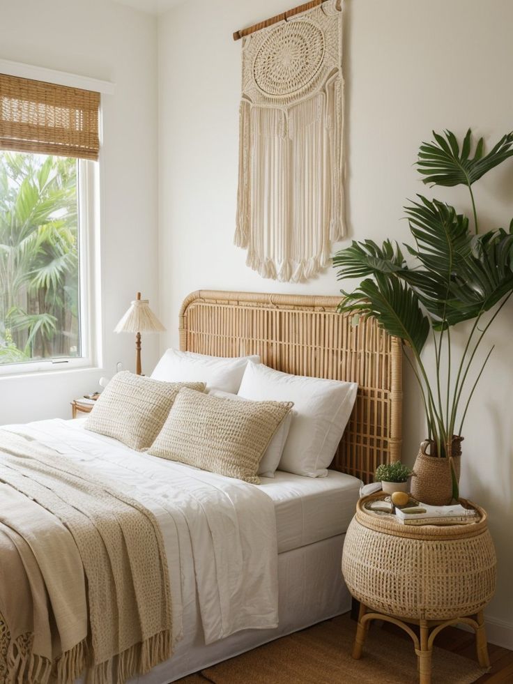 a bed with white sheets and pillows next to a potted plant on a table