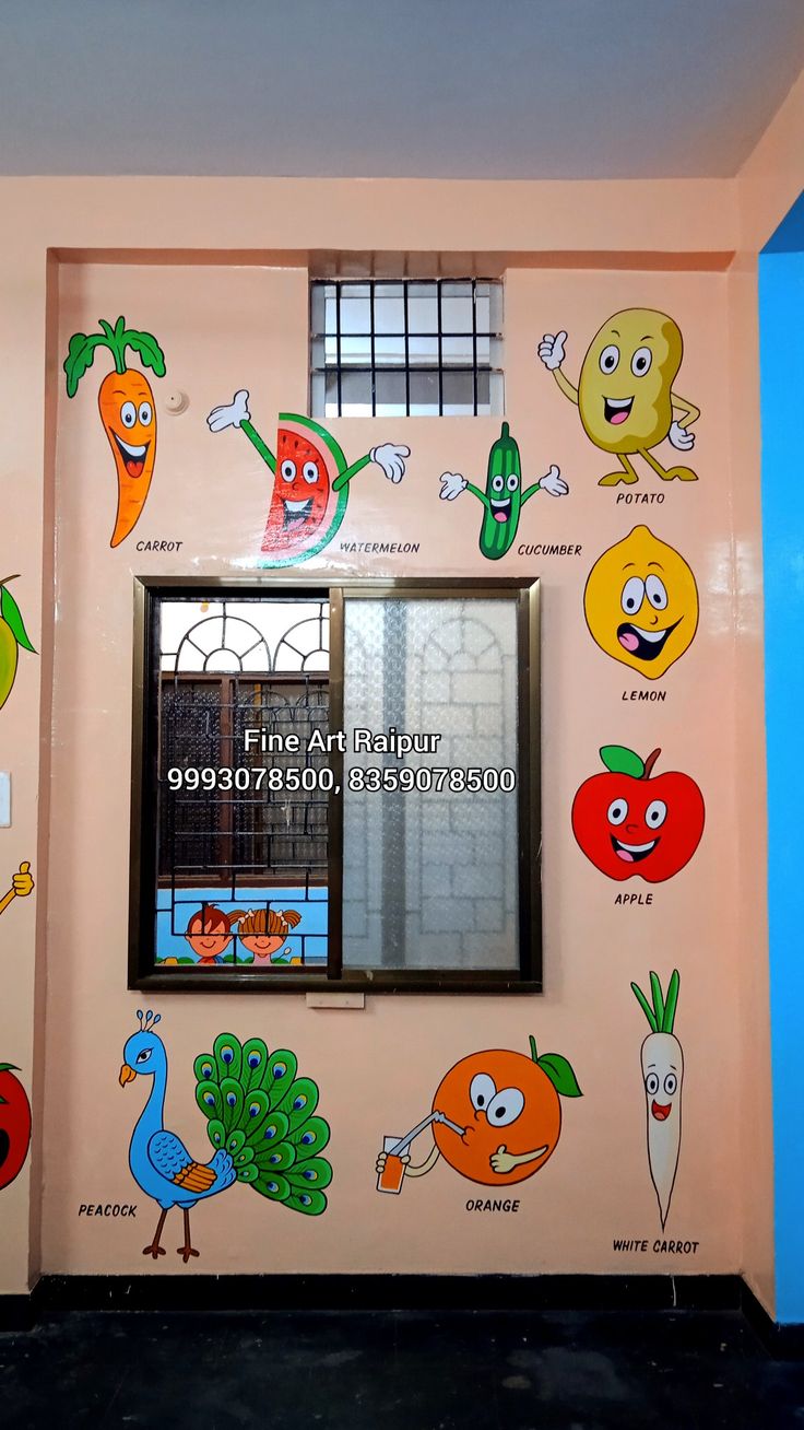 a colorful wall with many cartoon characters painted on it and an open window in the middle