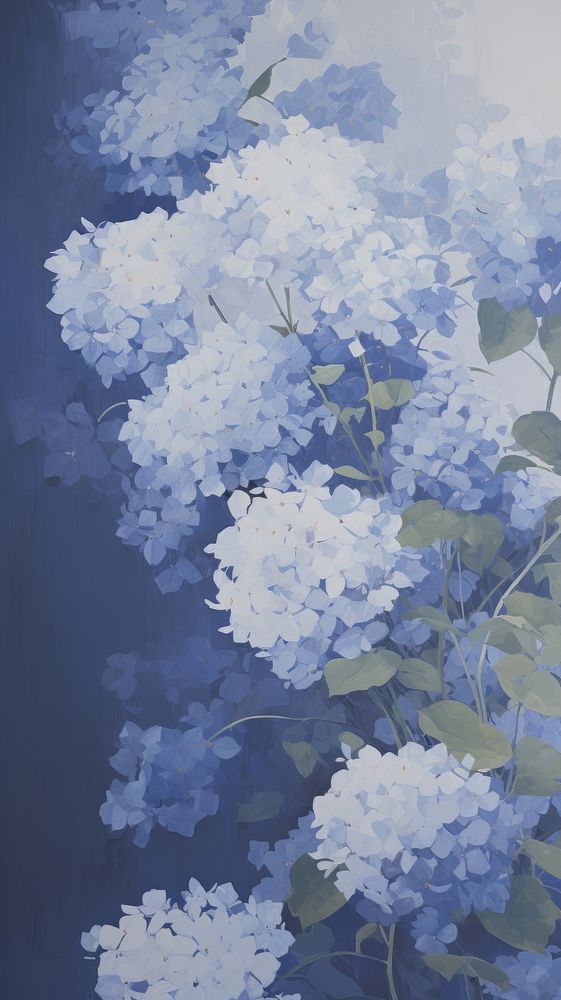 a painting of blue and white flowers with green leaves