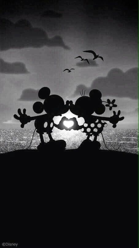 mickey and minnie mouse silhouetted against the setting sun in black and white with seagulls flying overhead