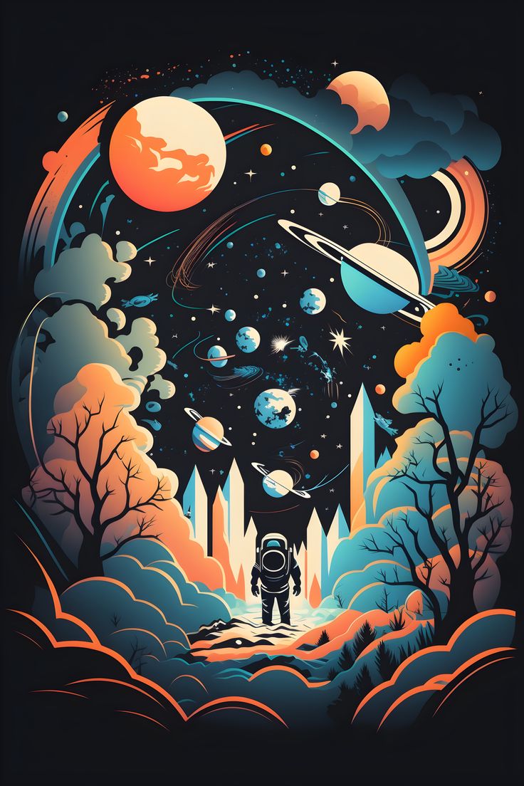 an image of a man standing in the middle of a forest with planets and stars above him