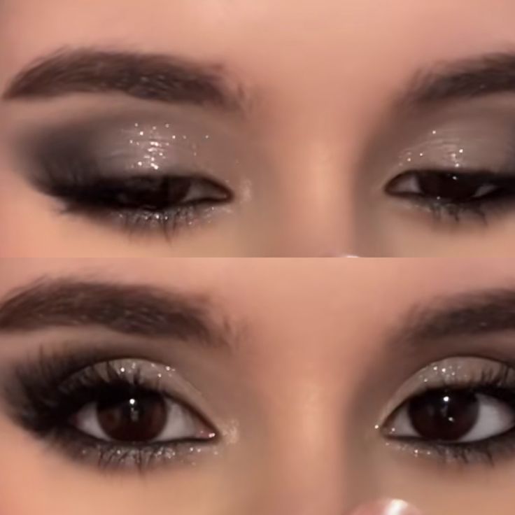 Starry Night Prom Makeup Look, Smokey Eye Dance Makeup, Makeup Ideas For A School Dance, Smokey Glam Makeup Looks, Smokey Eye For Black Dress, Eye Shadow With Black Dress, Fancy Black Makeup, Makeup Looks Black And Gold, Sliver Eyeshadow Prom