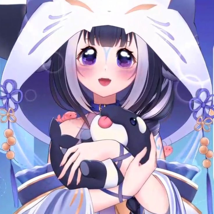 an anime character is holding a black and white cat in her arms while she looks at the camera