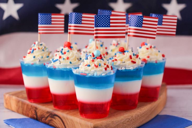 red, white and blue desserts with american flags on them