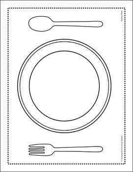 a black and white drawing of a plate with utensils