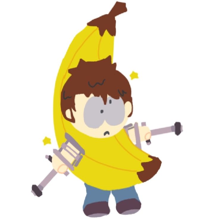 a kid in a banana costume holding two dumbs