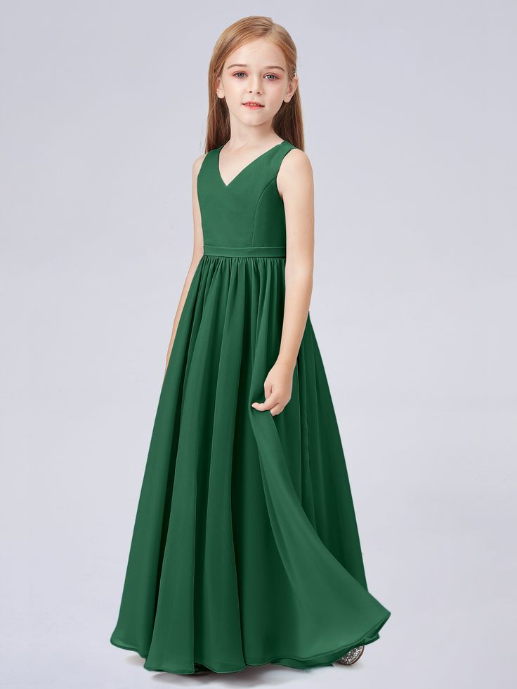 Description: V Neck Sleeveless Chiffon Junior Bridesmaid Dress Details: Silhouette: A-line Fabric: Chiffon Neckline: V Neck Sleeve Length: Sleeveless Embellishment: Pleated Floor-length chiffon dress. With padding and boning. Available in full-size range (J4-J16) and in custom size Ask a question Bridesmaid Dresses Green, Girl Green Dress, Turquoise Bridesmaid Dresses, Dress Georgette, Lavender Bridesmaid Dresses, Lilac Bridesmaid Dresses, Girls Bridesmaid Dresses, Full Maxi Skirt, Junior Bridesmaid Dress