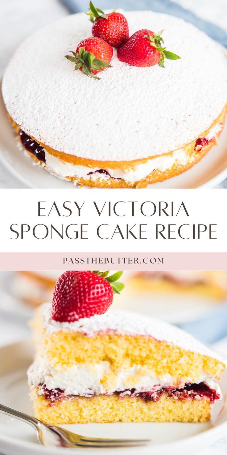 two cakes with strawberries on top and the words easy victoria sponge cake recipe below