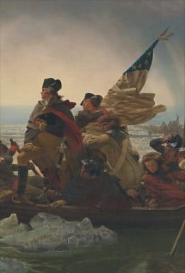 a painting of people in a boat with an american flag