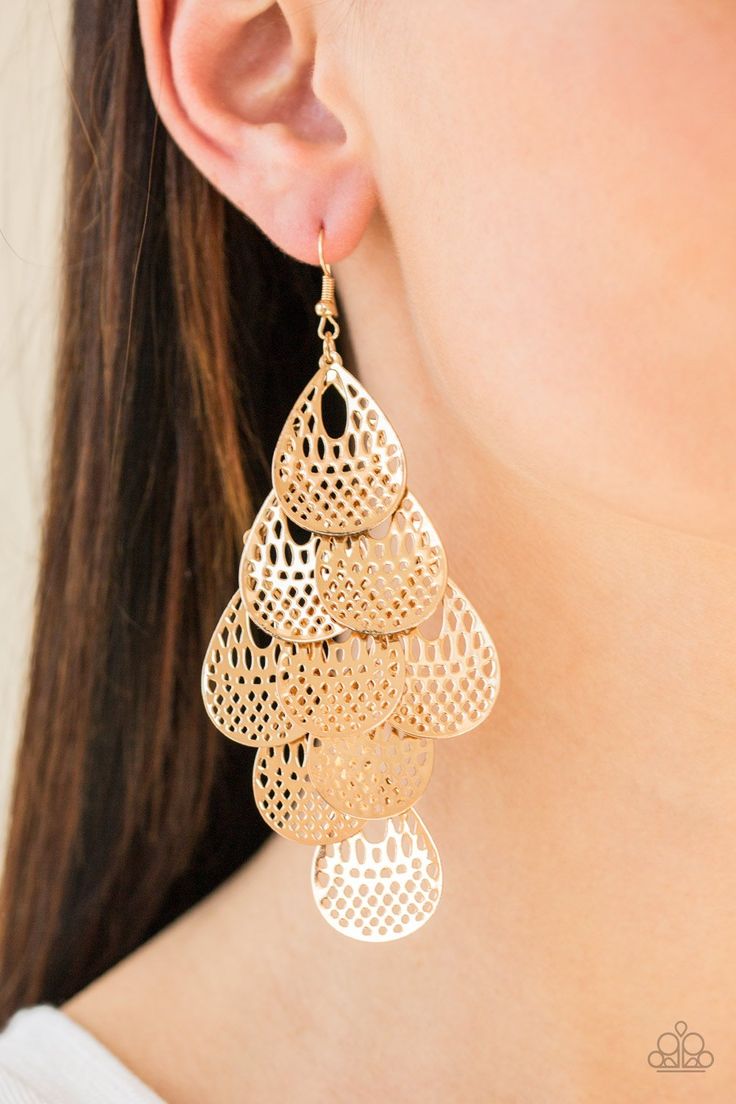 Stenciled in airy detail, shiny gold teardrops cascade from the ear, coalescing into a whimsical lure. Earring attaches to a standard fishhook fitting. Gold Long Drop Teardrop Earrings For Party, Gold Dangle Drop Earrings For Party, Teardrop Dangling Charms Jewelry For Party, Gold Dangle Earrings With Fish Hook, Gold Drop Earrings With Fish Hook, Gold Teardrop Earrings For Party, Gold Teardrop Drop Earrings, Elegant Gold Jewelry With Fish Hook, Gold Drop Chandelier Earrings With Ear Wire