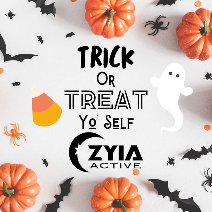 trick or treat yo self zyja active with pumpkins and bats on white background