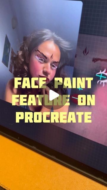 an image of a woman with fake paint on her face and the words, face paint eating on procreate