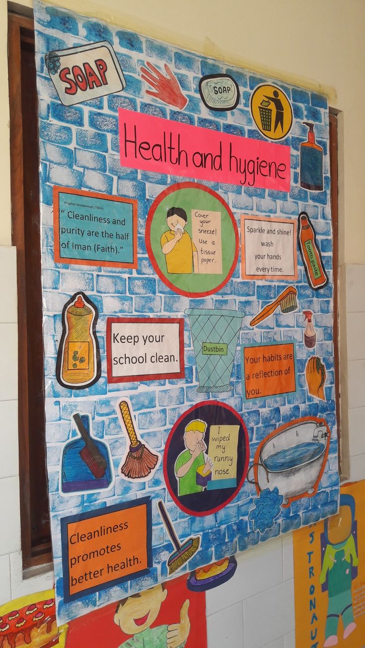 a bulletin board with pictures on it and words about health and hygiene written on it