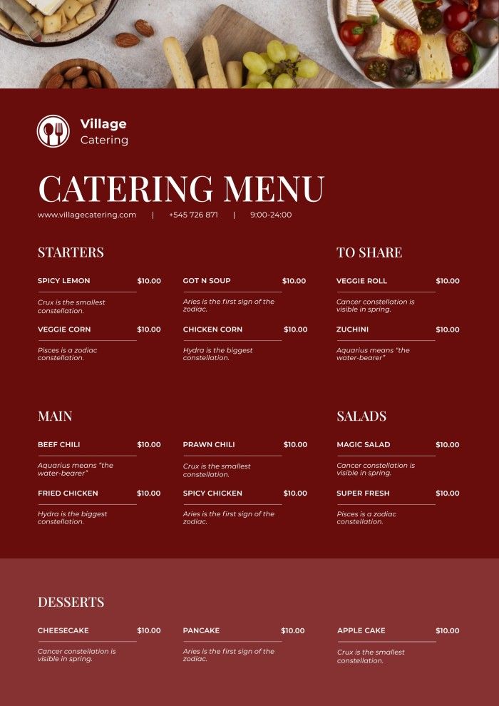 the catering menu is displayed on a red and white plate with grapes, cheeses, nuts