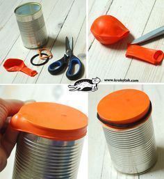 four pictures showing different types of tin canisters with scissors and pliers in them