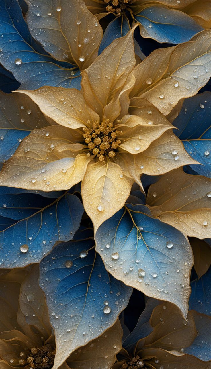 blue and yellow flowers with drops of water on them, in the shape of a poinsettia