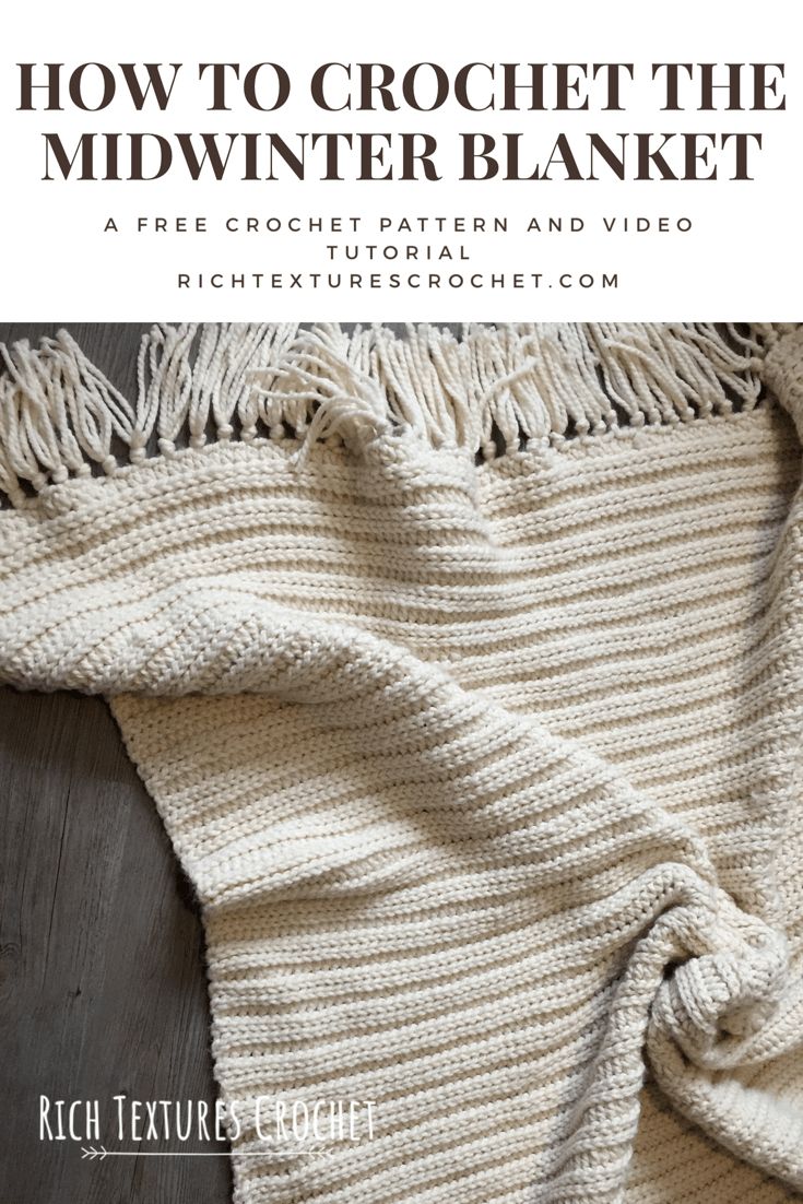 the crochet blanket with text that reads how to crochet the midwinter blanket